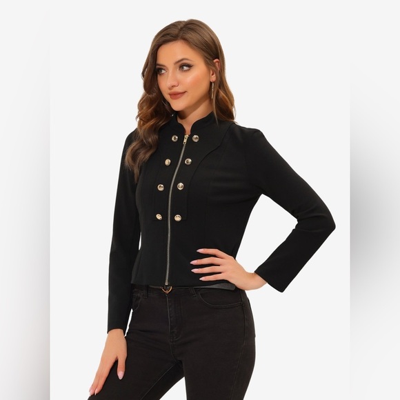 ALLEGRA K Crop Vintage Double Breasted Motorcycle Zip Up Steampunk Jacket - Picture 1 of 7